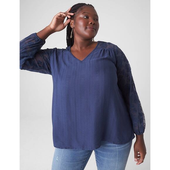 Lane Bryant Women's Plus Size Blue Lace Sleeve Top - Size 18/20 - Boho Cottage - Picture 1 of 7